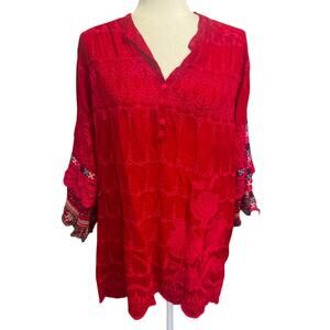 Johnny Was Mayu Wild Cherry Red Tunic Blouse Embroidered Boho Tunic Size M